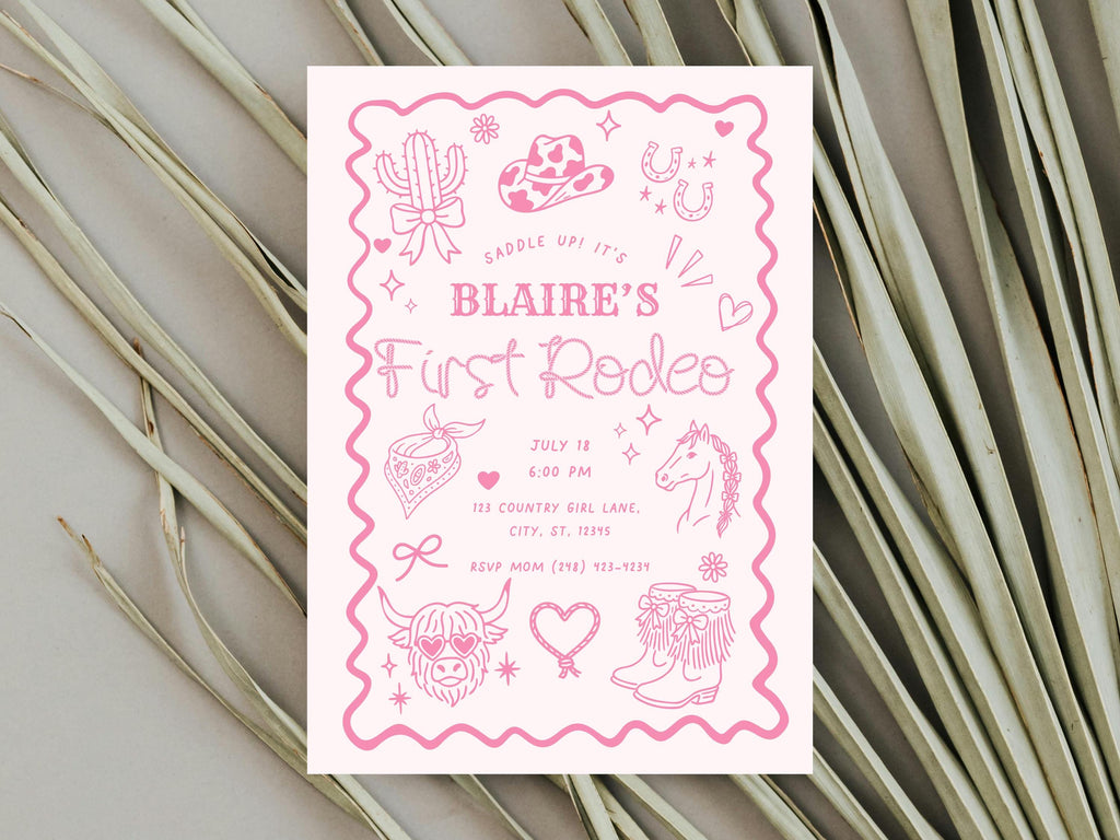 Pink First Rodeo Birthday Invitation Template | Cowgirl 1st Birthday Invite | Hand-drawn Western Cowgirl illustrations | Digital Download