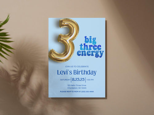 Boy's 3rd Birthday Invite, Big Three Energy Invitation, Editable Canva Template, Blue Toddler Boy Bday, Gold Foil Balloon Number