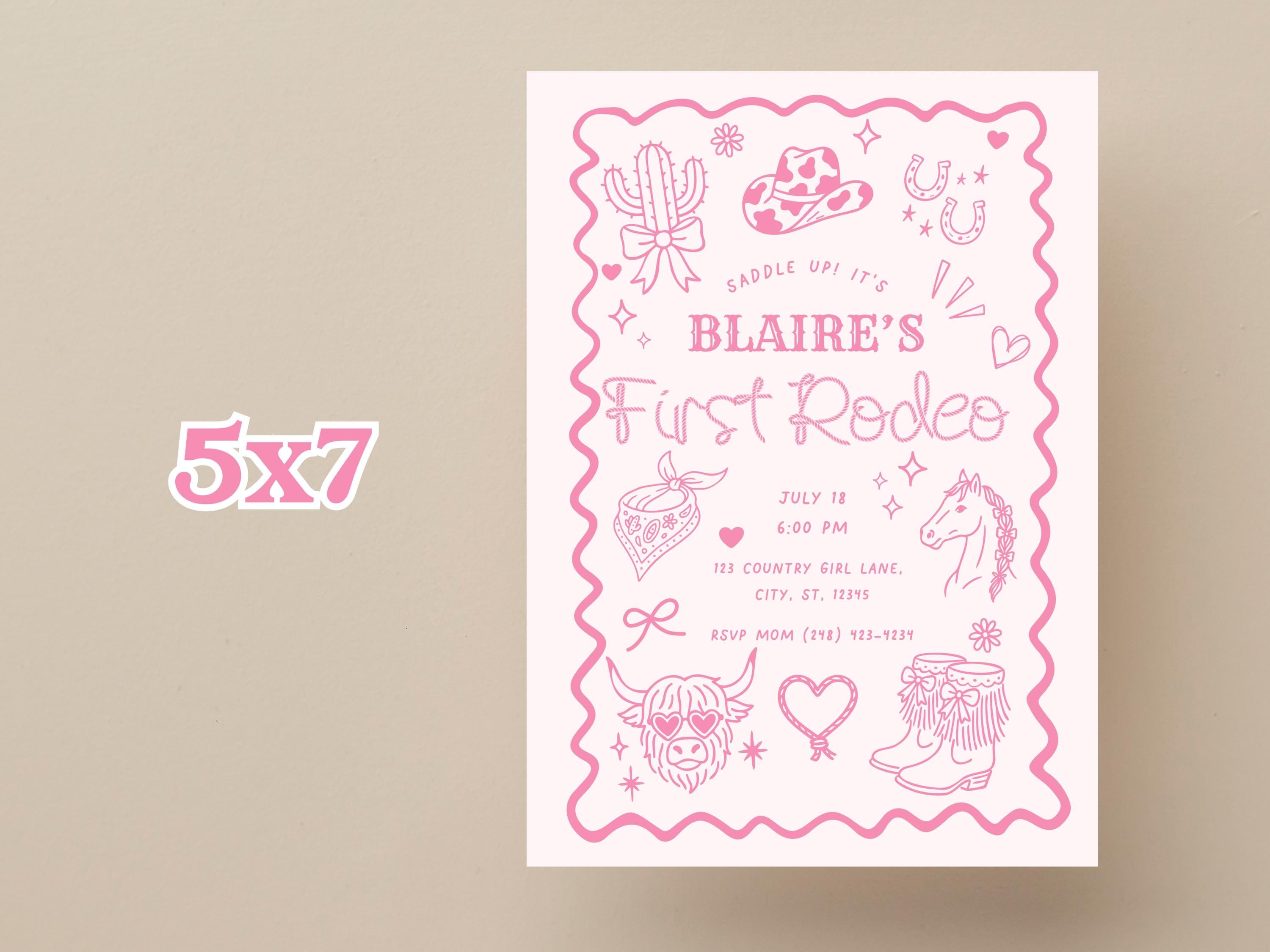 Pink First Rodeo Birthday Invitation Template | Cowgirl 1st Birthday Invite | Hand-drawn Western Cowgirl illustrations | Digital Download