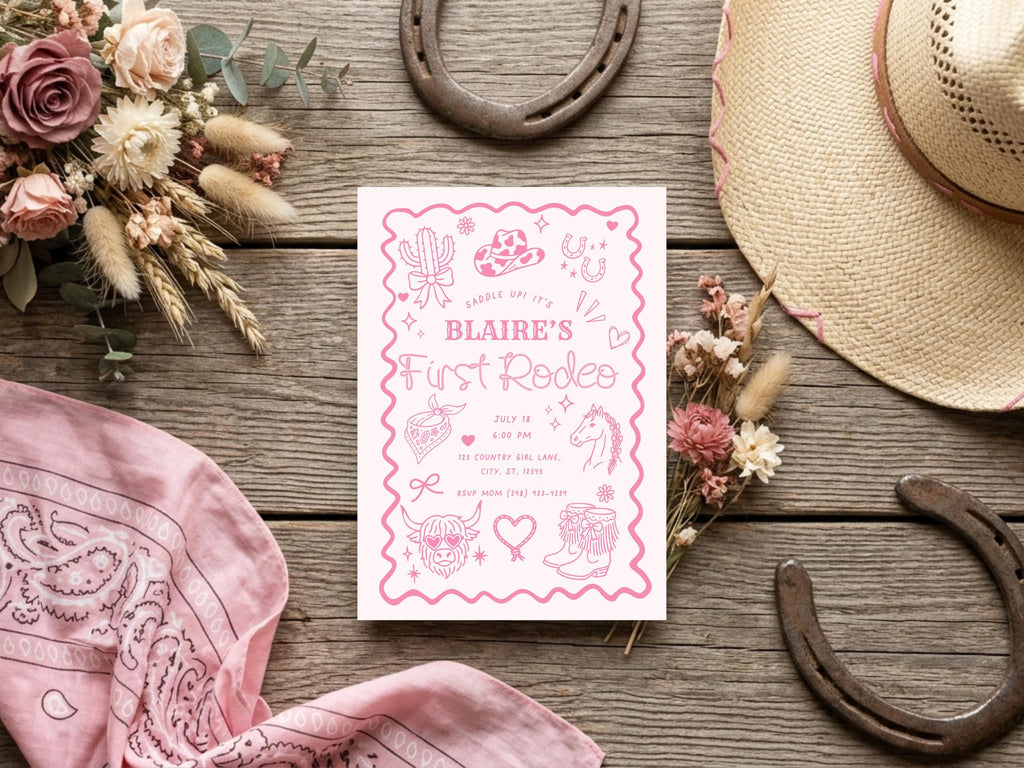 Pink First Rodeo Birthday Invitation Template | Cowgirl 1st Birthday Invite | Hand-drawn Western Cowgirl illustrations | Digital Download