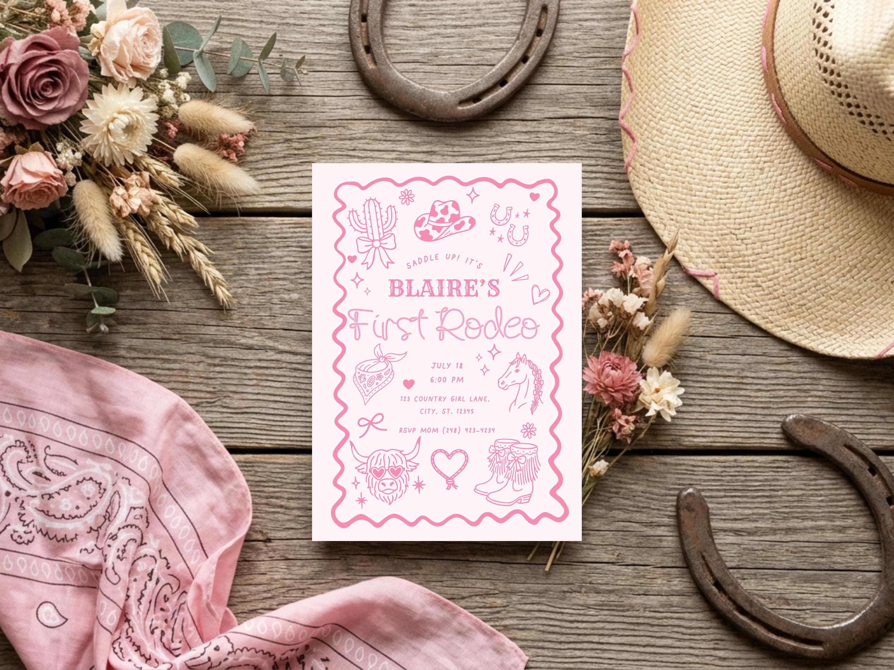 Pink First Rodeo Birthday Invitation Template | Cowgirl 1st Birthday Invite | Hand-drawn Western Cowgirl illustrations | Digital Download