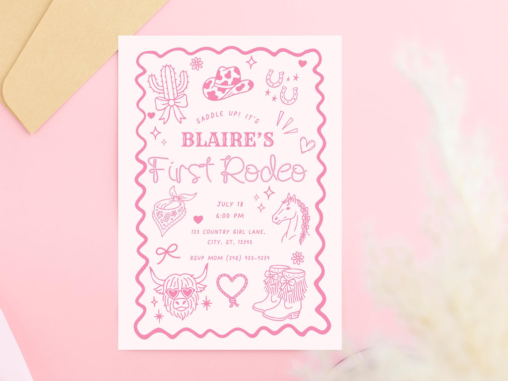 Pink First Rodeo Birthday Invitation Template | Cowgirl 1st Birthday Invite | Hand-drawn Western Cowgirl illustrations | Digital Download