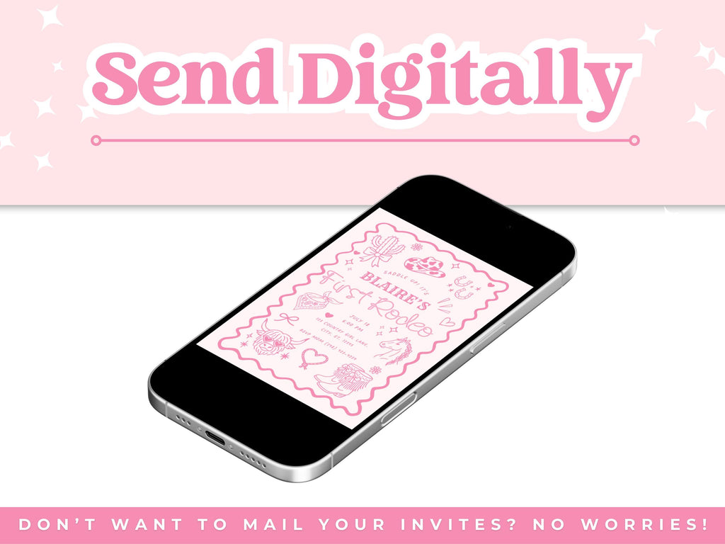 Pink First Rodeo Birthday Invitation Template | Cowgirl 1st Birthday Invite | Hand-drawn Western Cowgirl illustrations | Digital Download