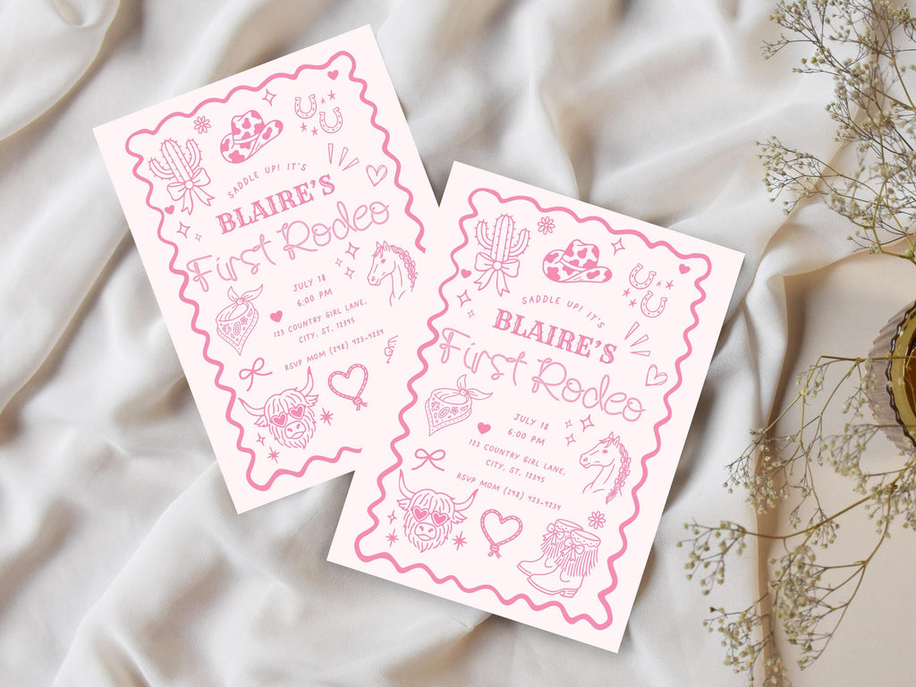 Pink First Rodeo Birthday Invitation Template | Cowgirl 1st Birthday Invite | Hand-drawn Western Cowgirl illustrations | Digital Download