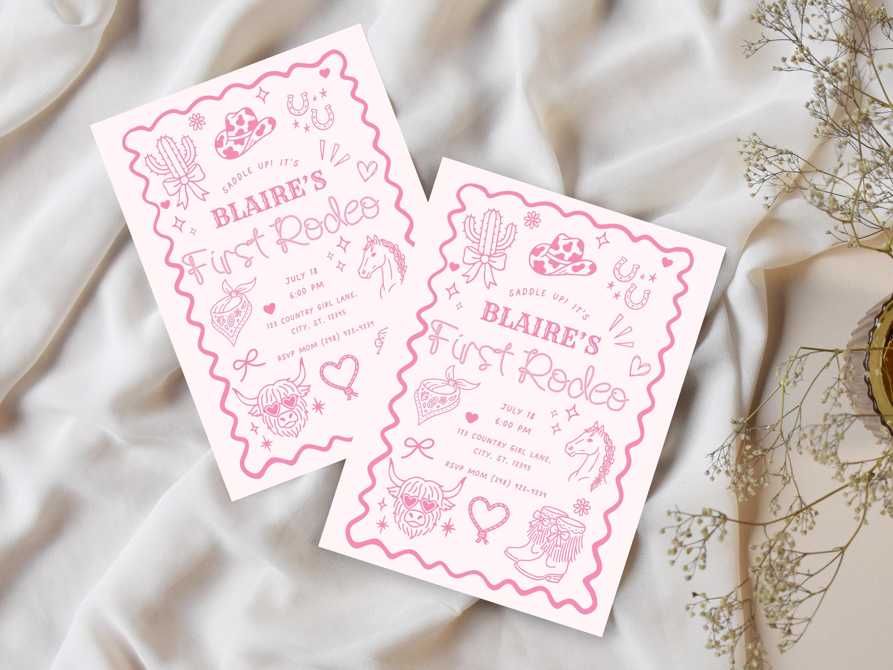 Pink First Rodeo Birthday Invitation Template | Cowgirl 1st Birthday Invite | Hand-drawn Western Cowgirl illustrations | Digital Download