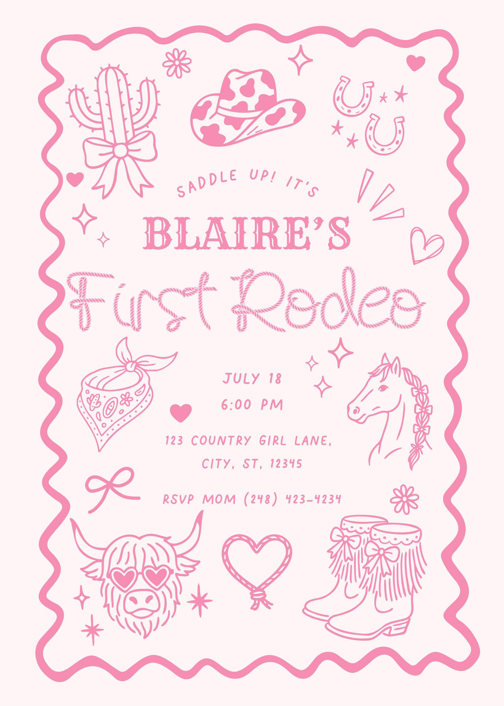Pink First Rodeo Birthday Invitation Template | Cowgirl 1st Birthday Invite | Hand-drawn Western Cowgirl illustrations | Digital Download