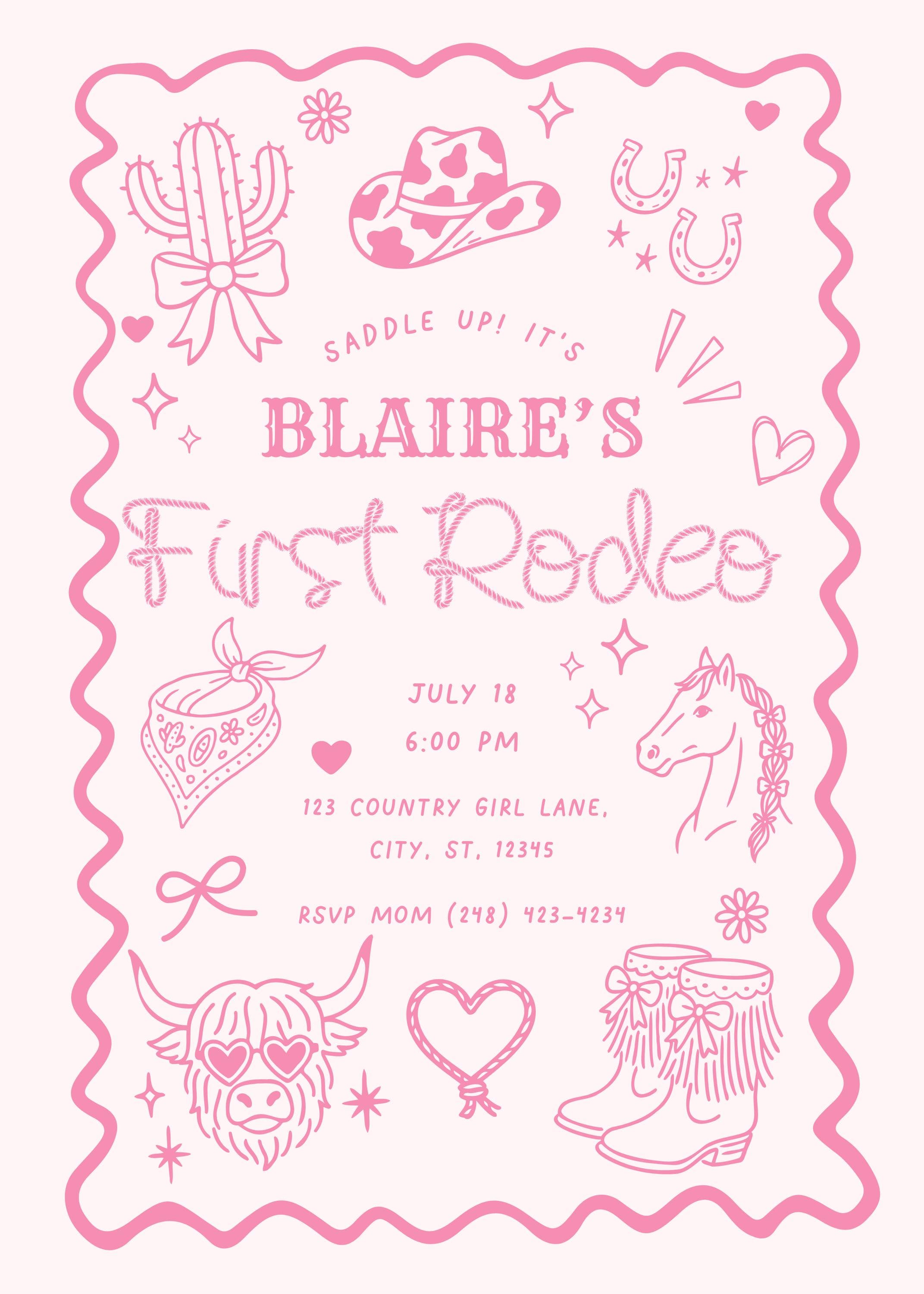 Pink First Rodeo Birthday Invitation Template | Cowgirl 1st Birthday Invite | Hand-drawn Western Cowgirl illustrations | Digital Download