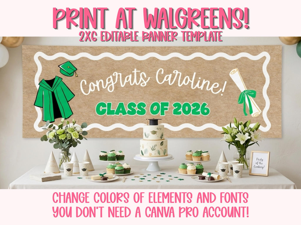 Graduation Party Banner Template to print at Walgreens, 2x6, Editable in Canva, Congrats Grad, Class of 2026, Custom Photo Banner