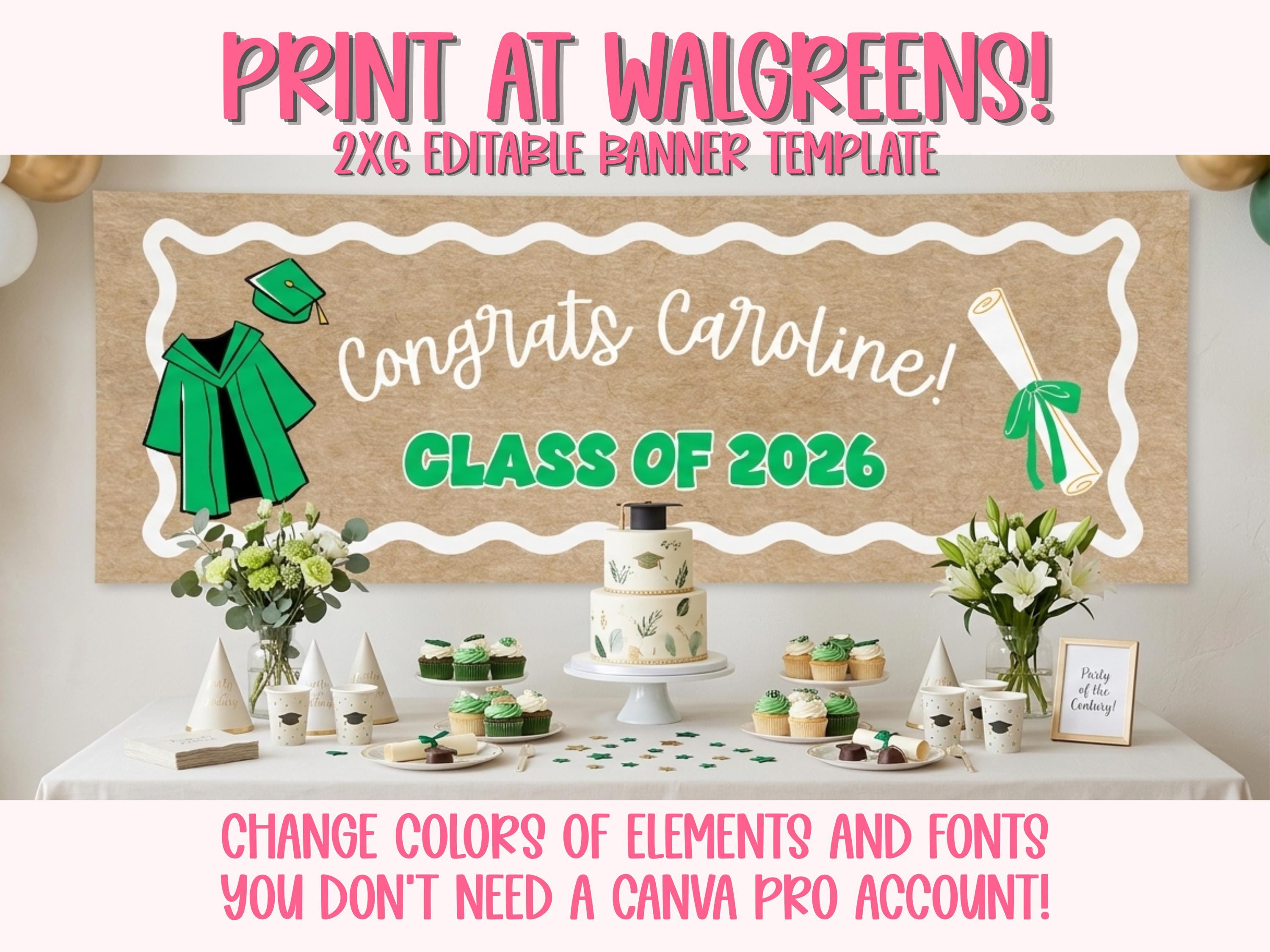 Graduation Party Banner Template to print at Walgreens, 2x6, Editable in Canva, Congrats Grad, Class of 2026, Custom Photo Banner